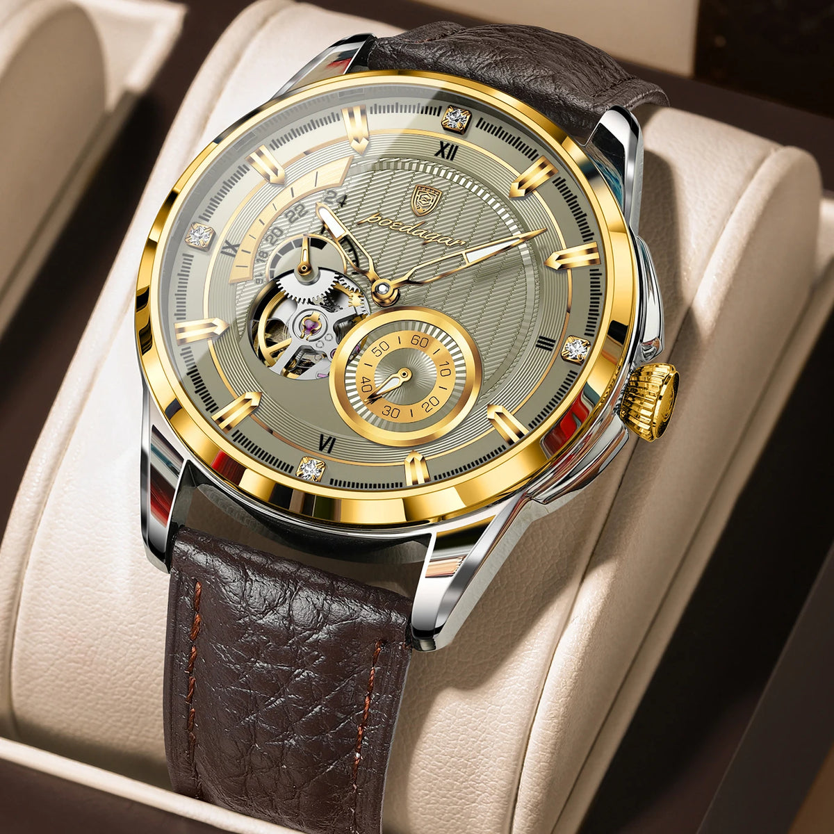 Poedagar 1427 Men Automatic Mechanical Watch Leather Band Luminous 3ATM Daily Waterproof Wristwatch