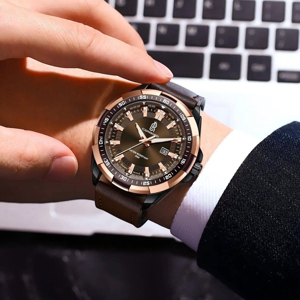 CAREKISO Bulk Supply Men Alloy Case Mineral Glass Luminous Waterproof Leather Strap Business Casual Quartz Watch