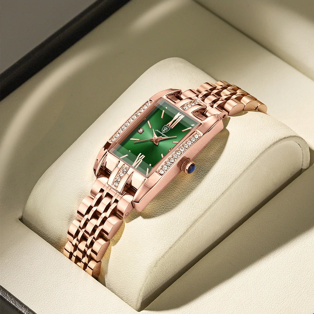 Poedagar Green square Watch for Women Luxury Stainless Steel Ladies Quartz Watches Waterproof Fashion Brand Ladies Watches Wrist