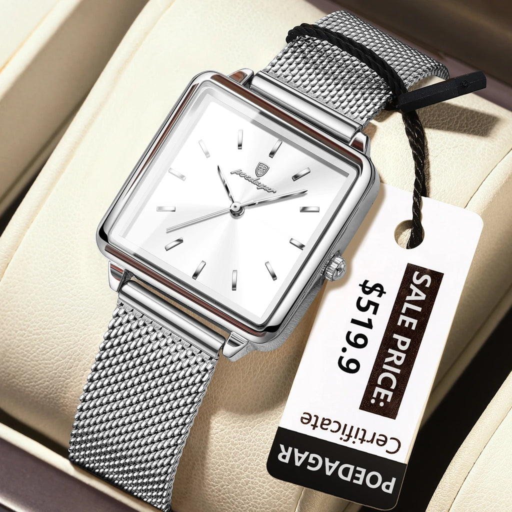 Poedagar Ladies Nordic Elegant Minimalist Square Quartz Watch Mesh Band 3ATM Waterproof Gift for Women Daily Factory Wholesale