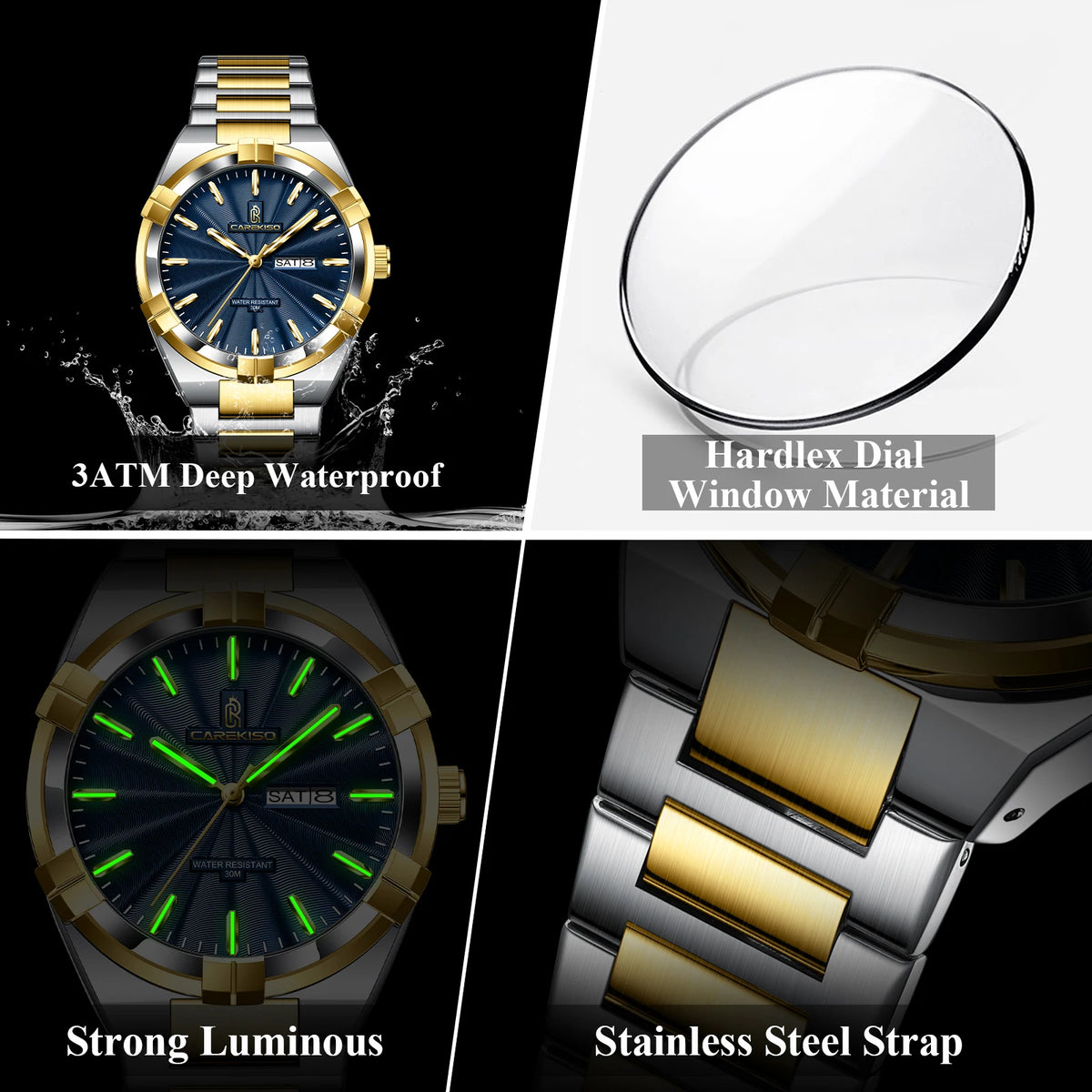 CAREKISO Business Men Date Week Waterproof Luminous Quartz Men Wristwatch Stainless Steel Men's Watches