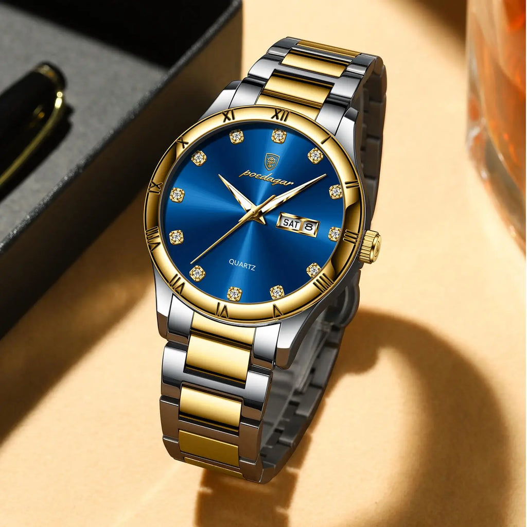 Poedagar 878 Stainless Steel Bracelet Reloj Gold Dial Men Watches Waterproof Luminous Quartz Watches for Men