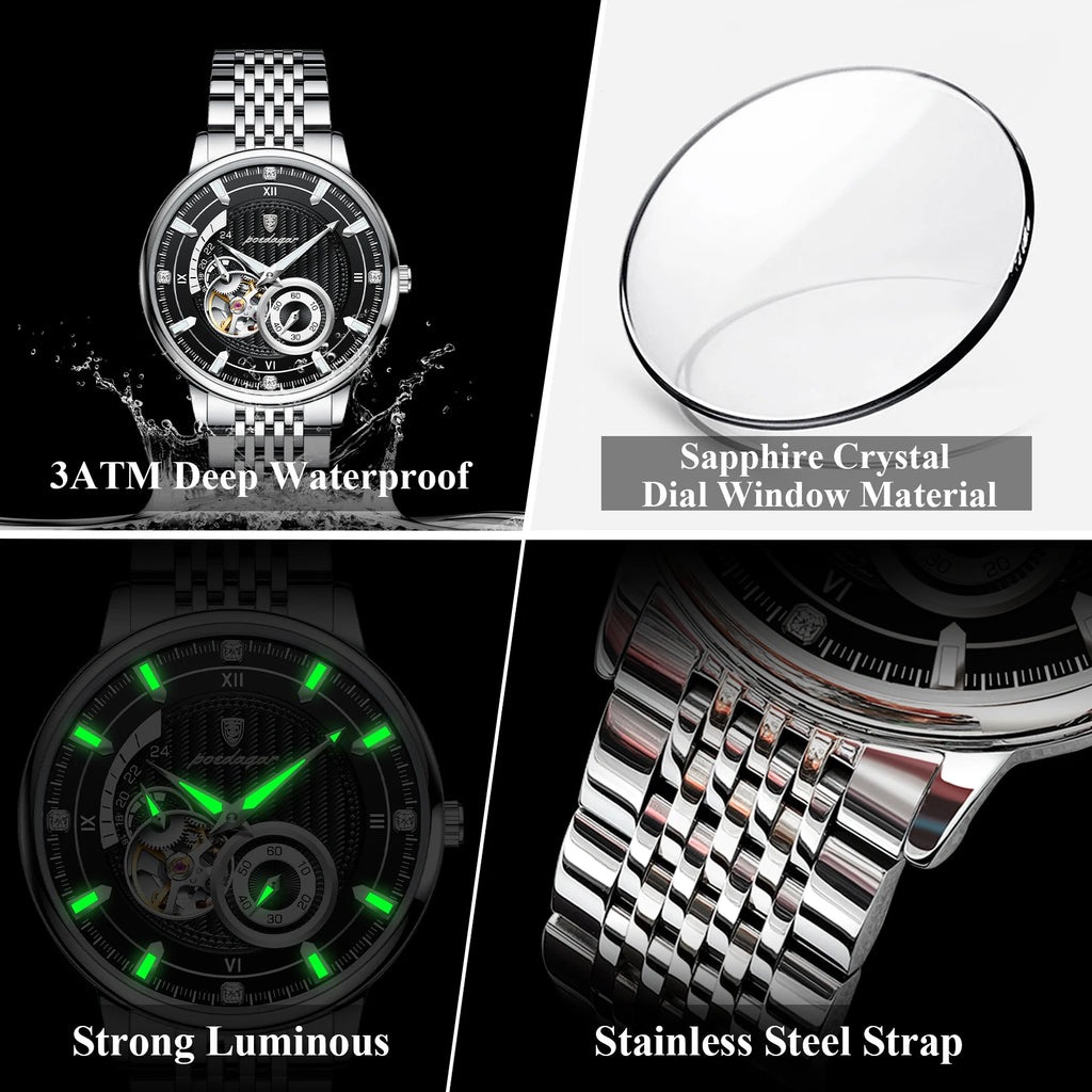 Poedagar 1416 Men Mechanical Watch Automatic Skeleton Dial Stainless Steel Waterproof Business Watch Wholesale Price in Stock
