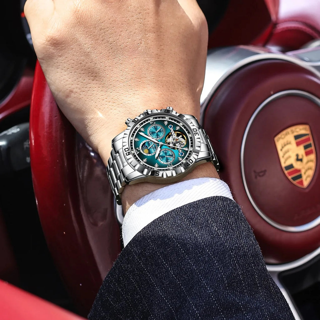 Poedagar 1423 Luxury Men's Mechanical Watch Hollow Tourbillon Stainless Steel Automatic Wristwatch Waterproof Luminous Montre
