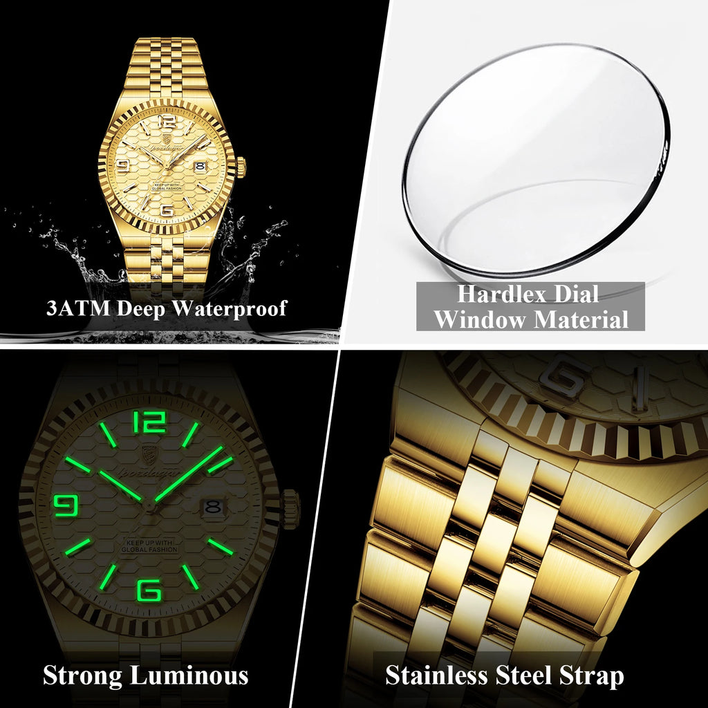 Poedagar 839 Luxury Men's Watch Gold Tone Business Classic Design Fluted Bezel Quartz Waterproof Wristwatch Reloj Montre Homme