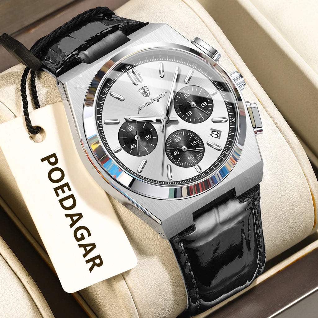 Poedagar 970 Luxury Men Watch Leather Strap Luminous Waterproof Quartz Watches Montre Homme Casual Chronograph Watch for Men