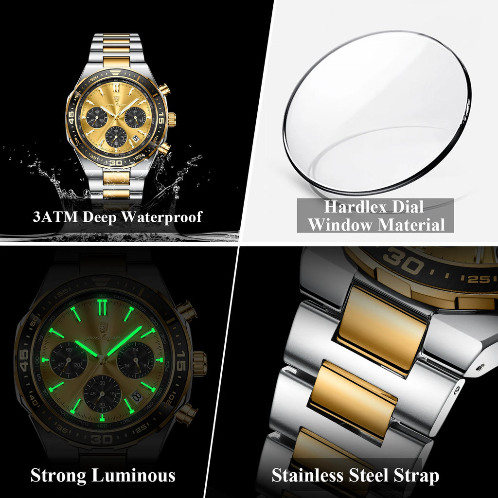 Poedagar 697 2-Tone Gold Mens Luxury Business Sport Chronograph Watch Tachymeter Luminous Date 3ATM Waterproof Factory Wholesale