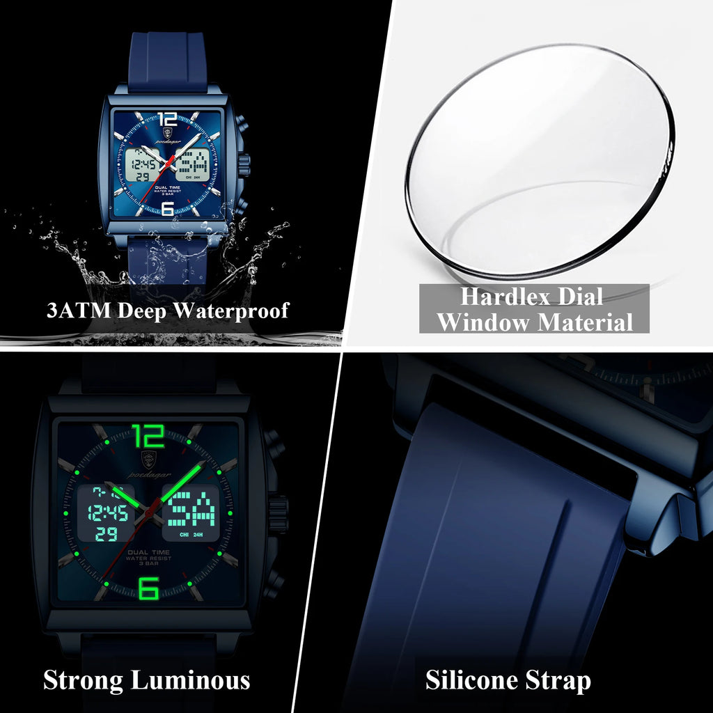 Watch for Men Luxury Poedagar E109 Dual Display Chronograph Quartz Watches Silicone Strap Montre Luminous Waterproof Men's Watch