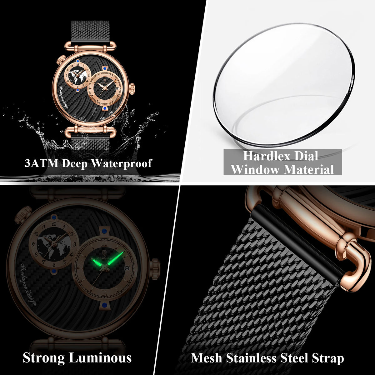 Poedagar 848 Men's Luxury Watch Dual Time Zone Retro Dial Mesh Stainless Steel Luminous Waterproof Formal Business Reloj Hombre