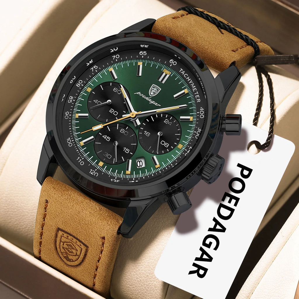 Poedagar 921 Luxury Men's Watch Chronograph Leather Strap Reloj Waterproof Luminous Fashion Sports Quartz Watches for Men