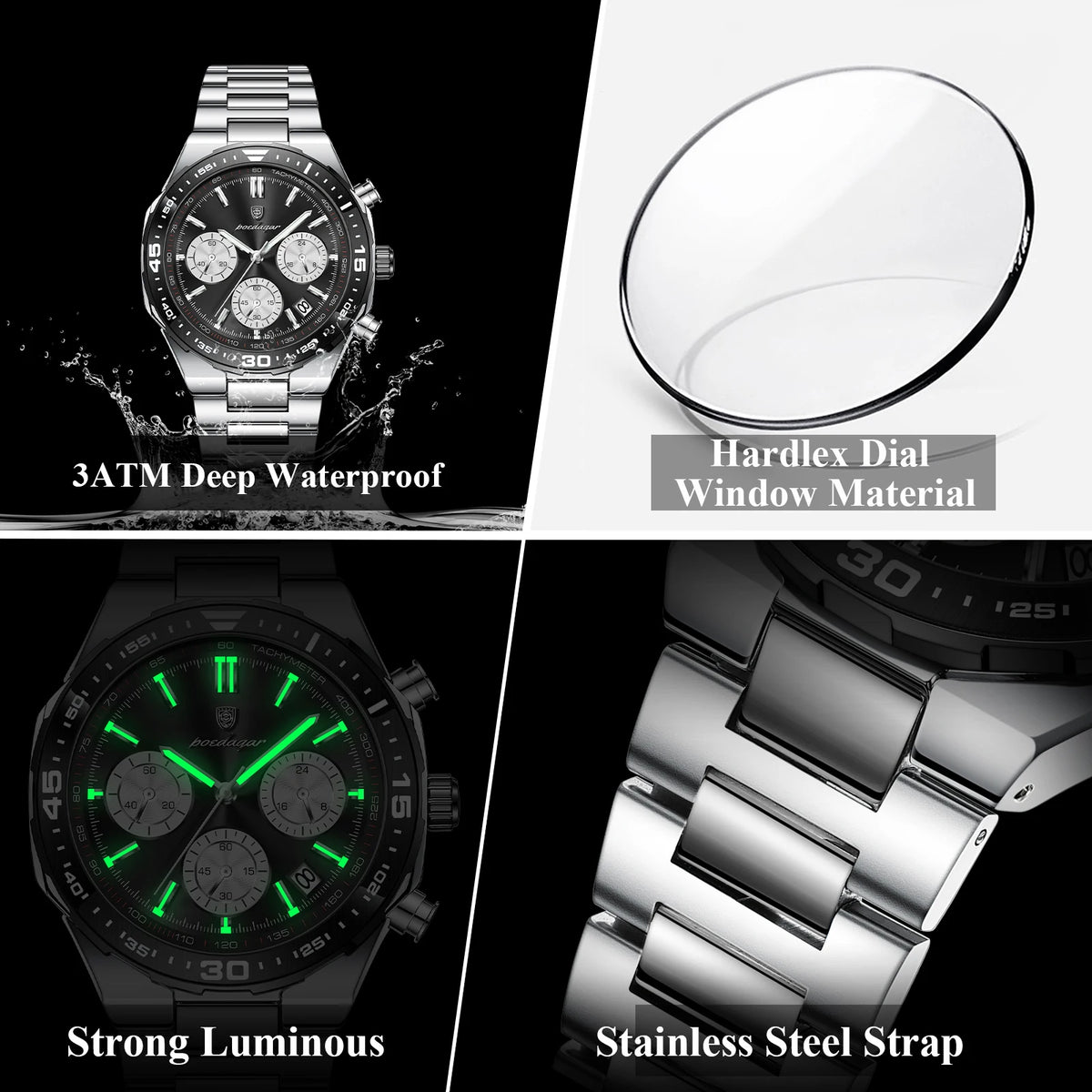 Poedagar 697 Men's Quartz Watch Business Casual Luminous Chronograph Waterproof Wristwatch Stainless Steel Strap Reloj Hombre