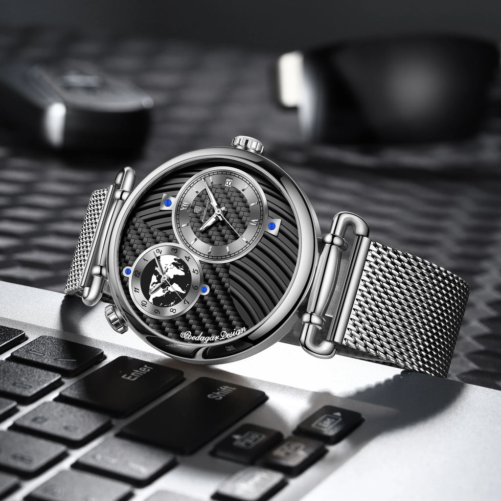 Poedagar 848 Men's Luxuryl Quartz Watch Dual Time Zone Mesh Stainless Steel Luminous Waterproof Fashion Business Herrenuhr