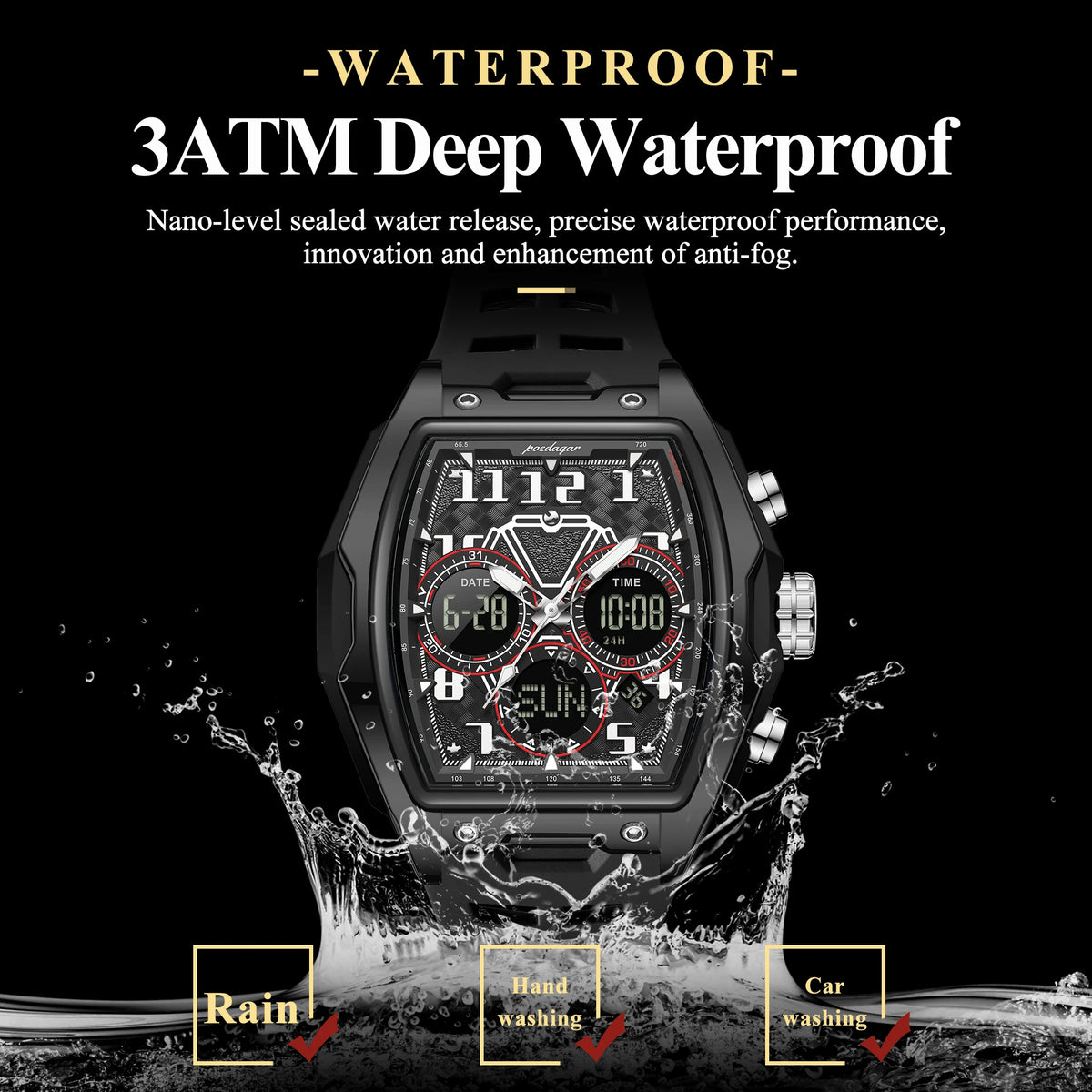 Poedagar 636 Men's Watch Analog-Digital Silicone Strap Quartz Watches Trendy Sport Dual Display Montre Waterproof Luminous Watch