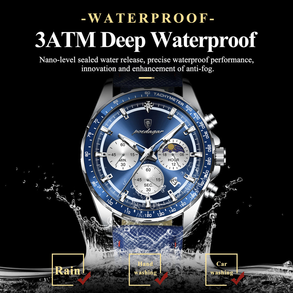 Poedagar 879 Mens Chronograph Watch Genuine Leather Tachymeter Blue Dial Quartz Wristwatch Waterproof Luminous Sport Watches