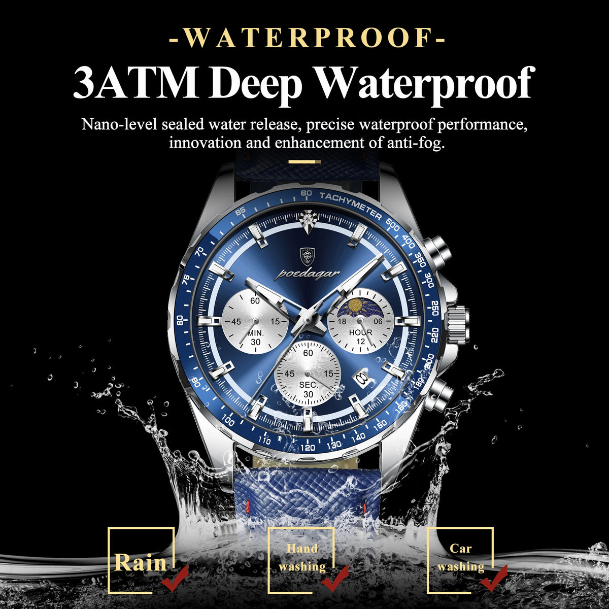 Poedagar 879 Mens Chronograph Watch Genuine Leather Tachymeter Blue Dial Quartz Wristwatch Waterproof Luminous Sport Watches
