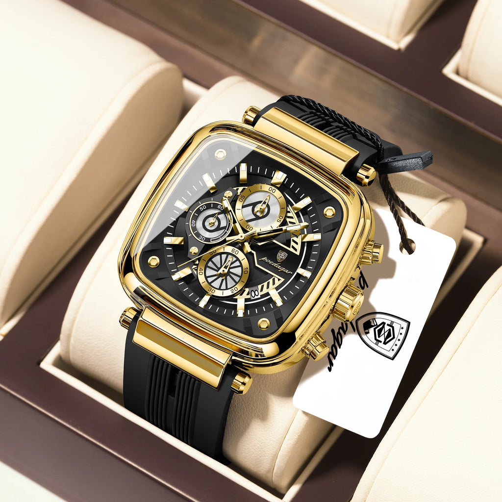 Poedagar 849 Luxury Mens Watch Square Case 3-Eye Chronograph Quartz Wristwatch Silicone Strap Luminous Waterproof Watch Montre