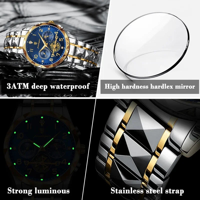 Poedagar 972 Fashion Luxury Chronograph Men Quartz Watches Waterproof Luminous Stainless Steel Watches for Men Factory Wholesale
