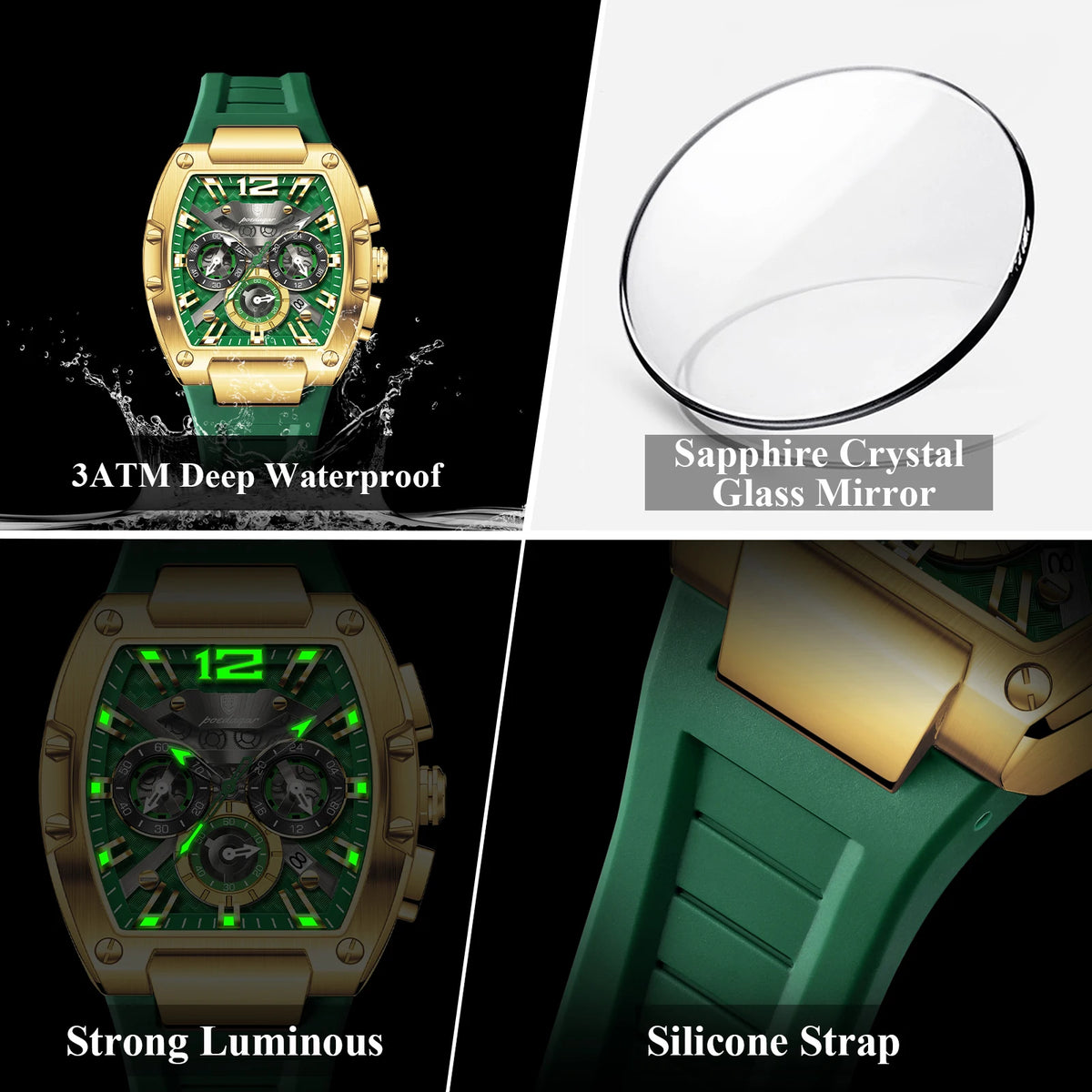 Poedagar 9051 Men Chronograph Quartz Watch Luxury Sport Orologio Waterproof Luminous Reloj Hombre Silicone Strap Watch for Men