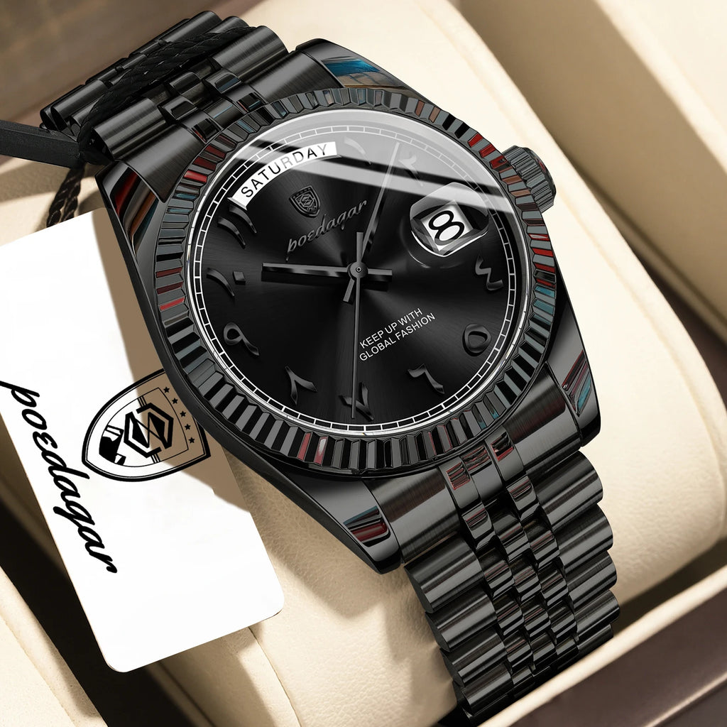 POEDAGAR 845 Montre Homme Luxe Noir Stainless Steel Waterproof Quartz Watch Date Day Business Wristwatch