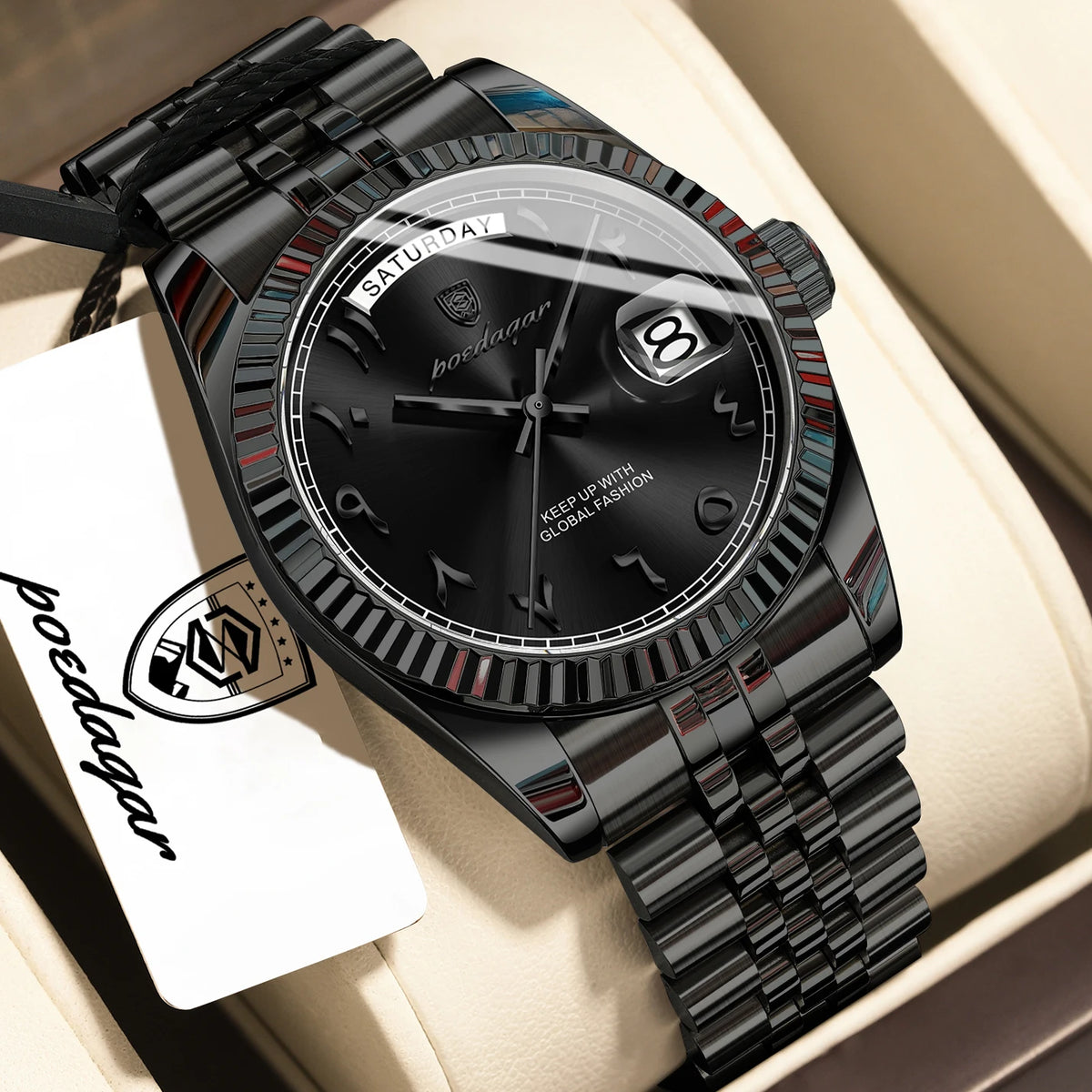POEDAGAR 845 Montre Homme Luxe Noir Stainless Steel Waterproof Quartz Watch Date Day Business Wristwatch