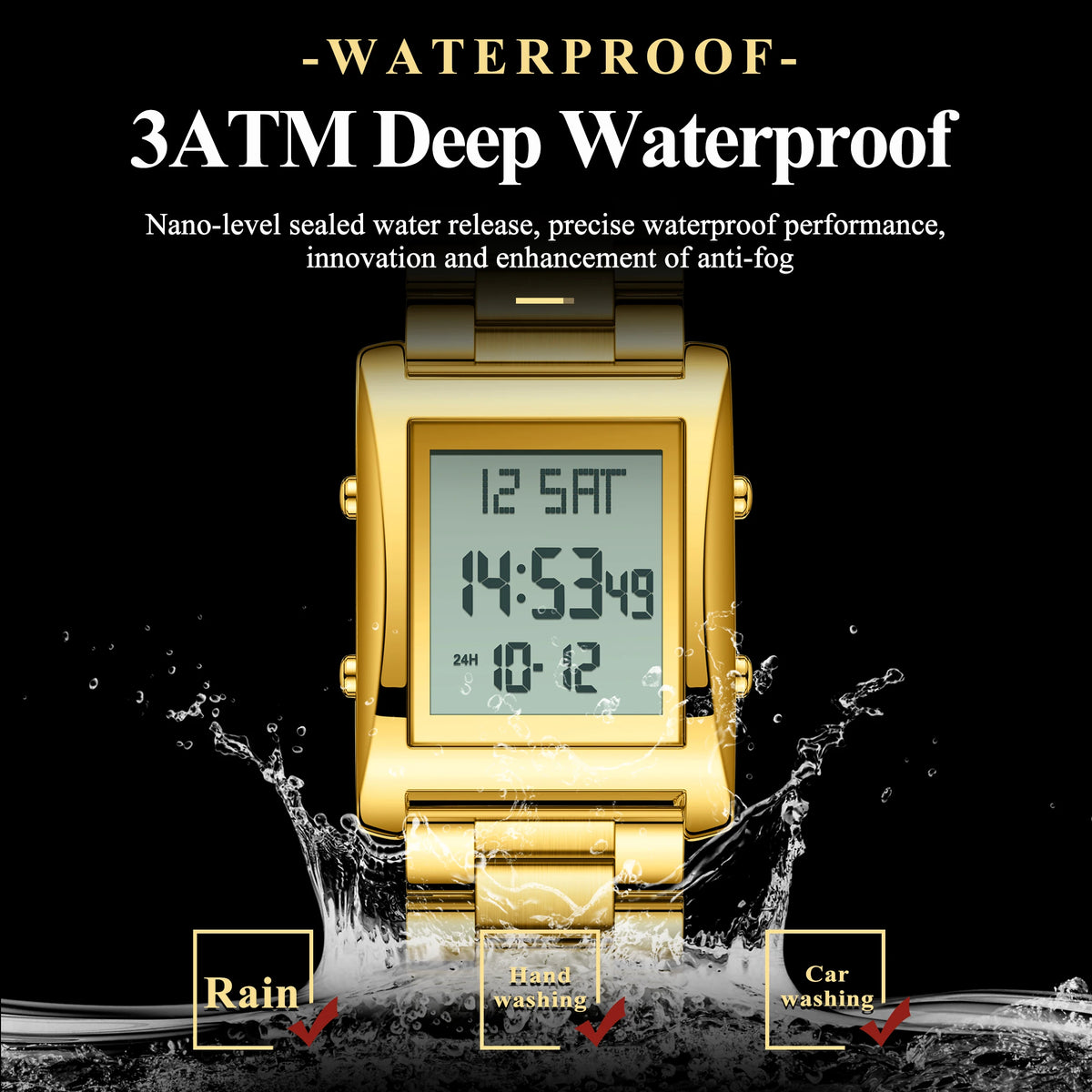 CAREKISO Original Men Watch Waterproof Week Calendar Alarm Man Wristwatch Rectangle Stainless Steel Electronic Men's Watches