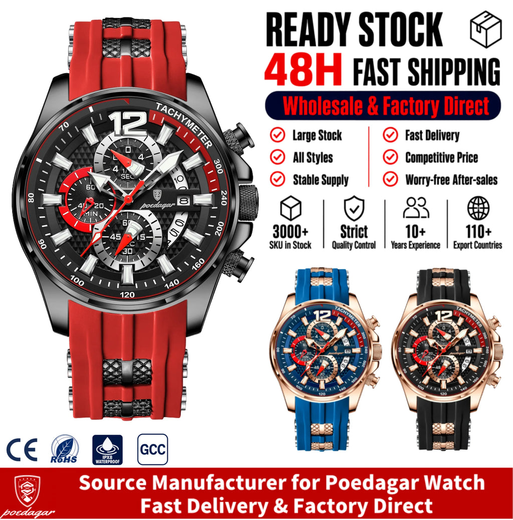 Poedagar 898 Men Quartz Watch Sports Chronograph Wristwatch Silicone Band Montre Luminous Waterproof Watch for Men Wholesale