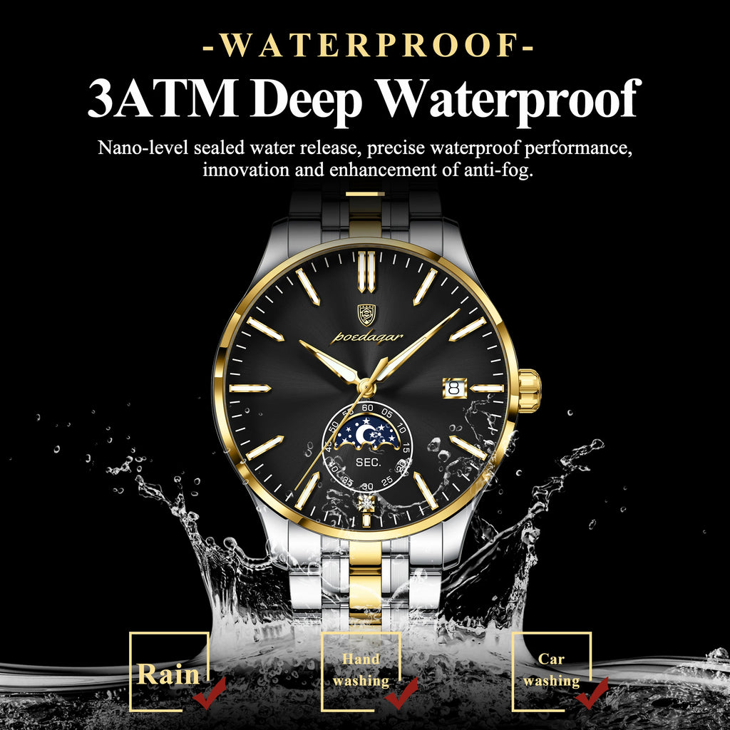 Poedagar 854 Luxury Mens Wristwatch Moon Phase Calendar Watch Stainless Steel Bracelet Montre Waterproof Business Watch for Men