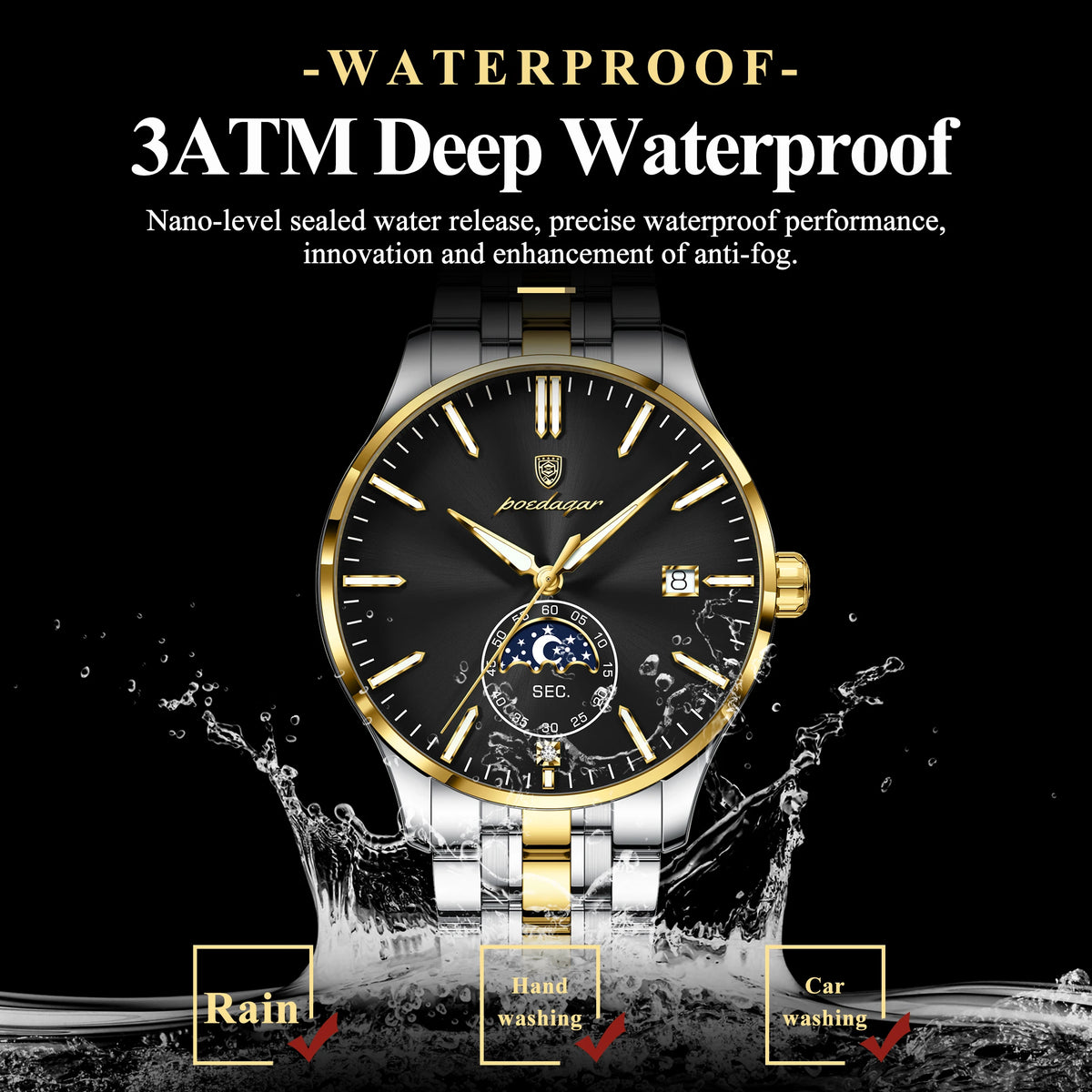 Poedagar 854 Luxury Mens Wristwatch Moon Phase Calendar Watch Stainless Steel Bracelet Montre Waterproof Business Watch for Men