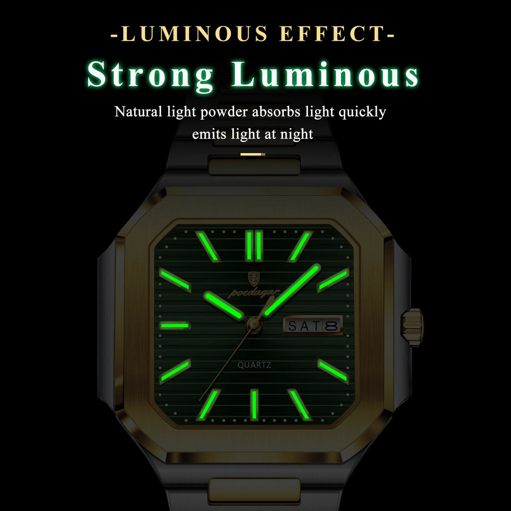 Poedagar 672 Men's Watch Luxury Square Case Stainless Steel Quartz Wristwatch Waterproof Luminous Date Business Watch for Men