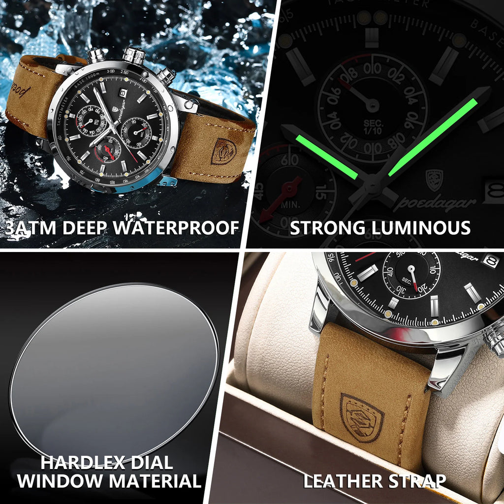 Poedagar 932 Watch for Men Luxury Leather Strap Luminous Waterproof Quartz Watches Business Chronograph Men's Watch Montre Homme