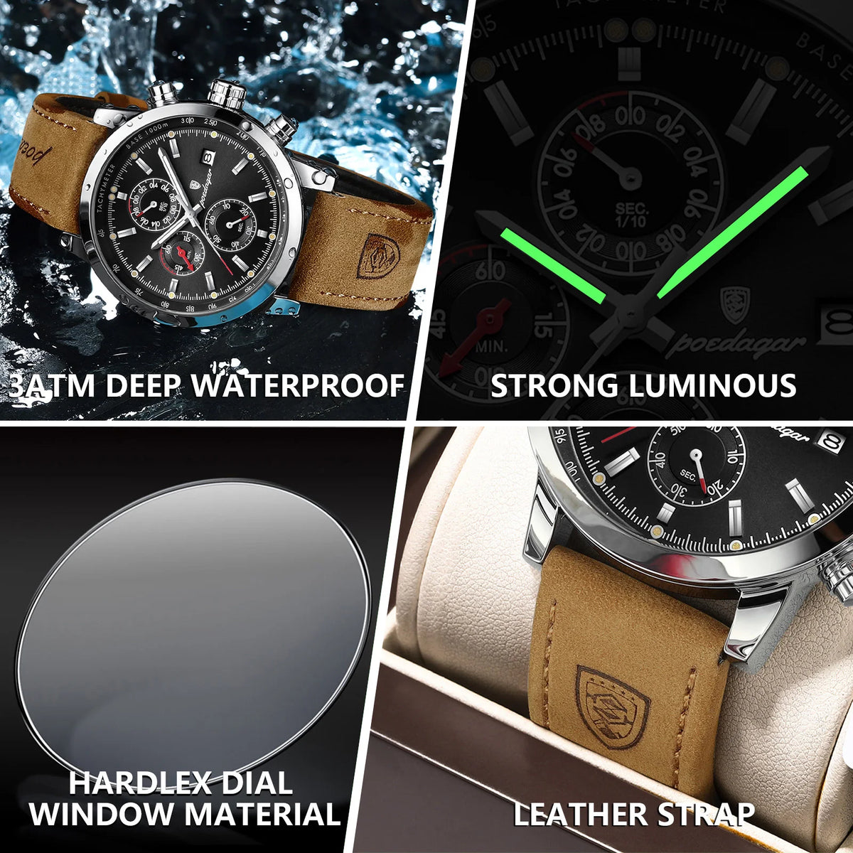 Poedagar 932 Watch for Men Luxury Leather Strap Luminous Waterproof Quartz Watches Business Chronograph Men's Watch Montre Homme