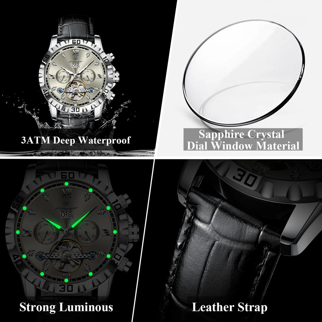 Poedagar 1418 Luxury Automatic Men Wristwatch Leather Hollow Tourbillon Mechanical Watch
