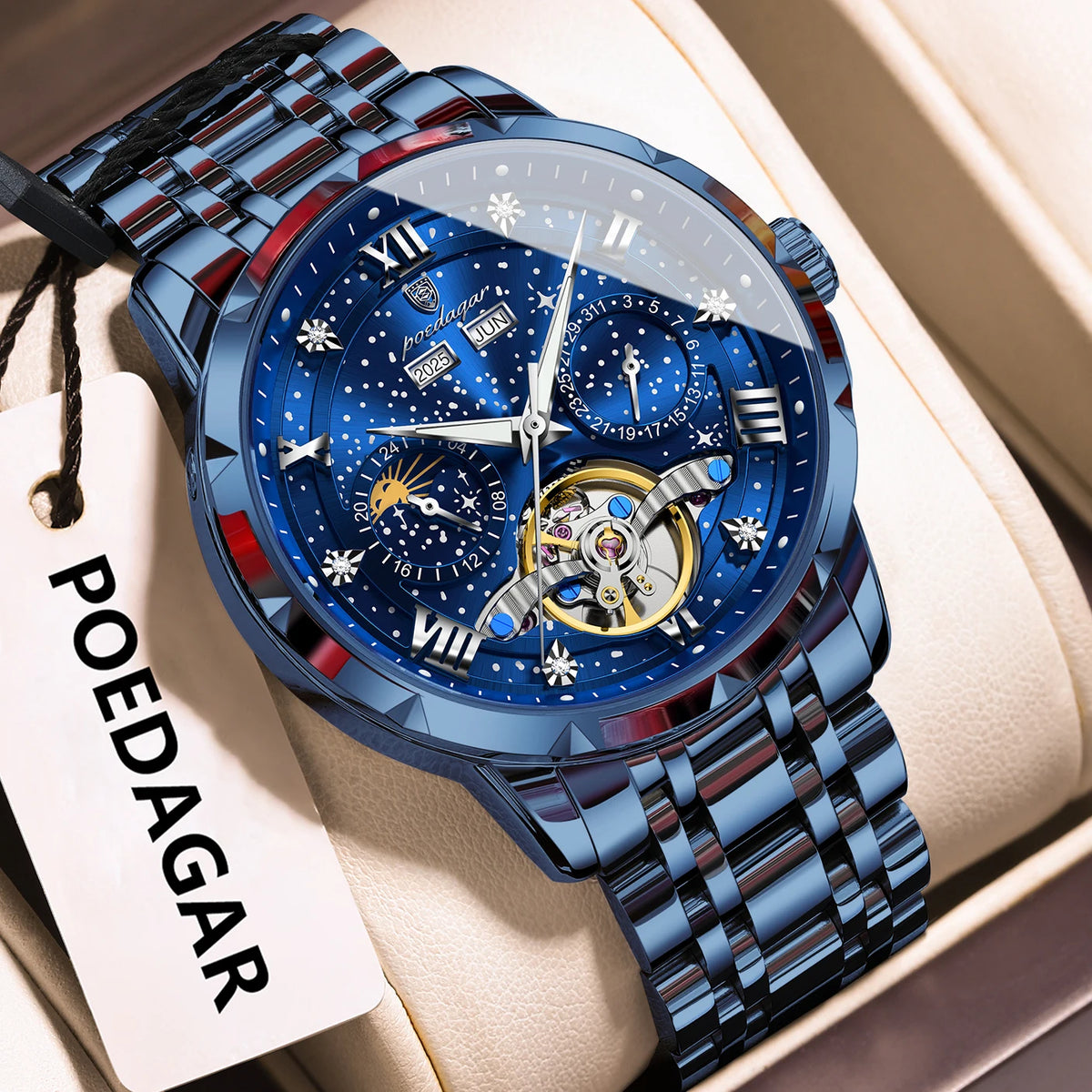 Poedagar 1420 Men's Waterproof Luminous Stainless Steel Strap Alloy Case Automatic Movement Mechanical Watch