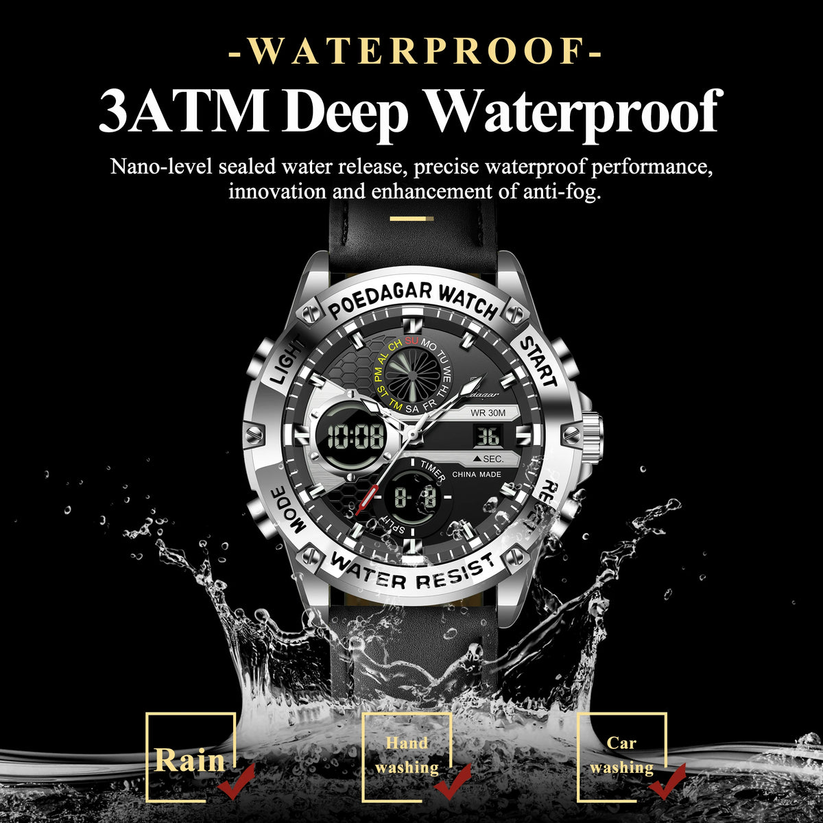 Poedagar E125 Men's Watch Dual Display Digital Analog Quartz Watches Luminous Waterproof Leather Strap Sports Wristwatch for Men