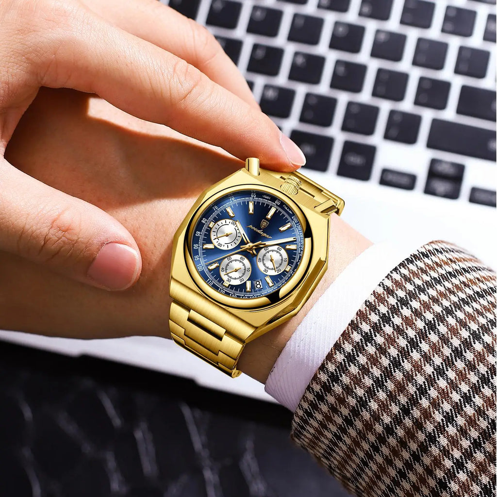 Poedagar Quartz Business Watch for Men Waterproof Luminous Multi-Function Chronograph Stainless Steel Watch for Men