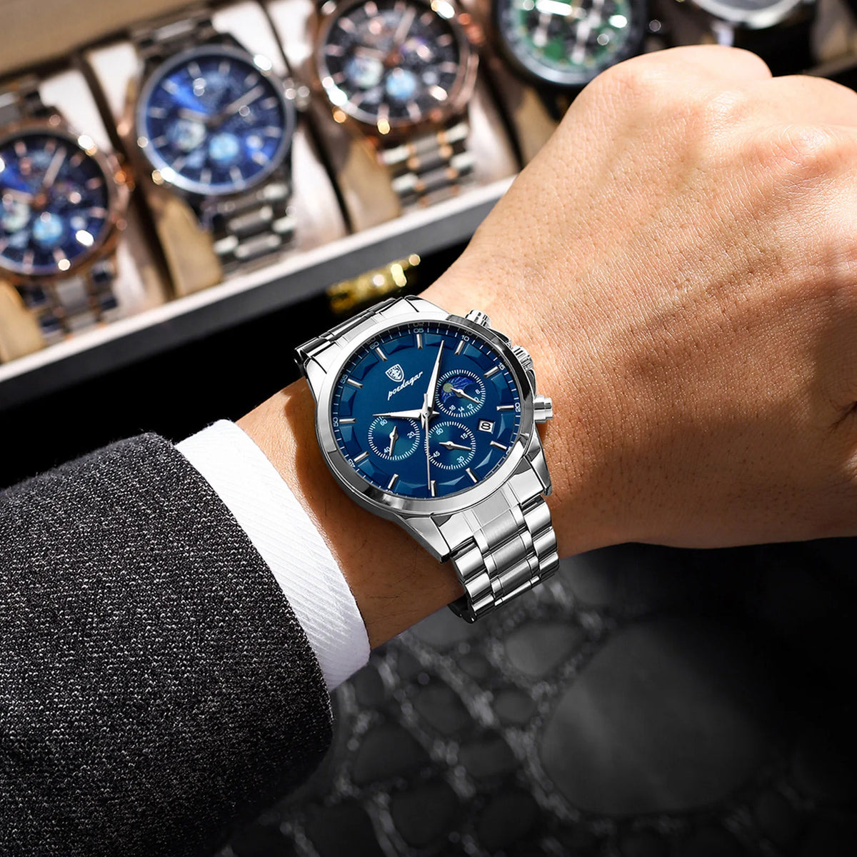 Poedagar 928 Luxury Men Watch Moon Phase Chronograph Relief Dial Stainless Steel Luminous Waterproof Business Sport Quartz Watch