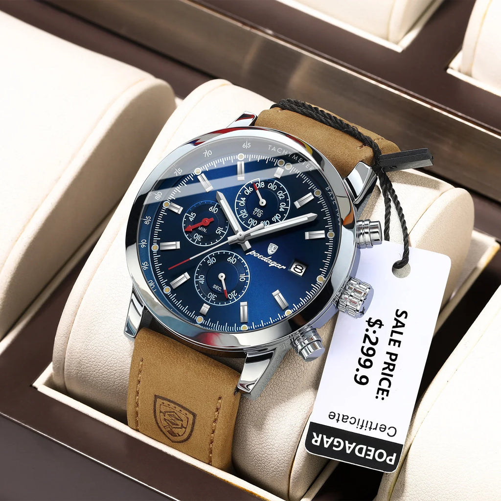 POEDAGAR Factory Wholesale Luxury Leather Quartz Watches Waterproof Luminous Wrist Chronograph Watch for Men