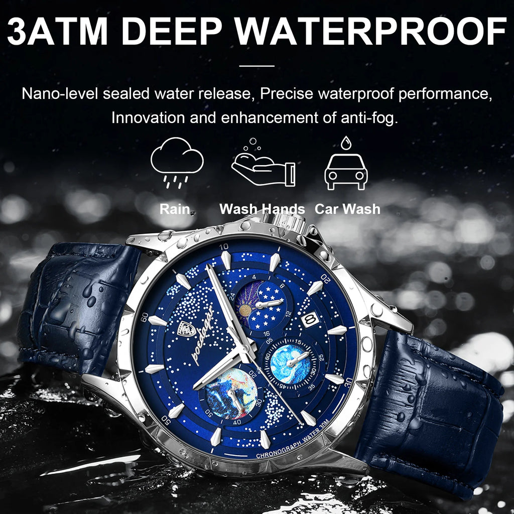 Poedarar New Luxury Fashion Starry Sky Dial Men Quartz Watches Waterproof Luminous Leather Watch for Men