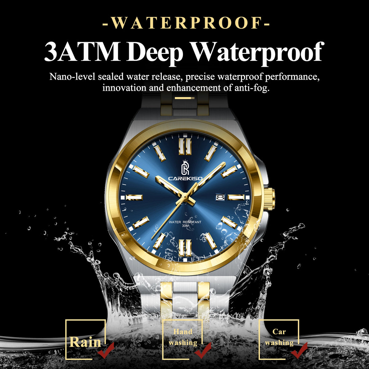 CAREKISO Original Business Waterproof Luminous Men Quartz Watches Stainless Steel Bracelet Watch for Men
