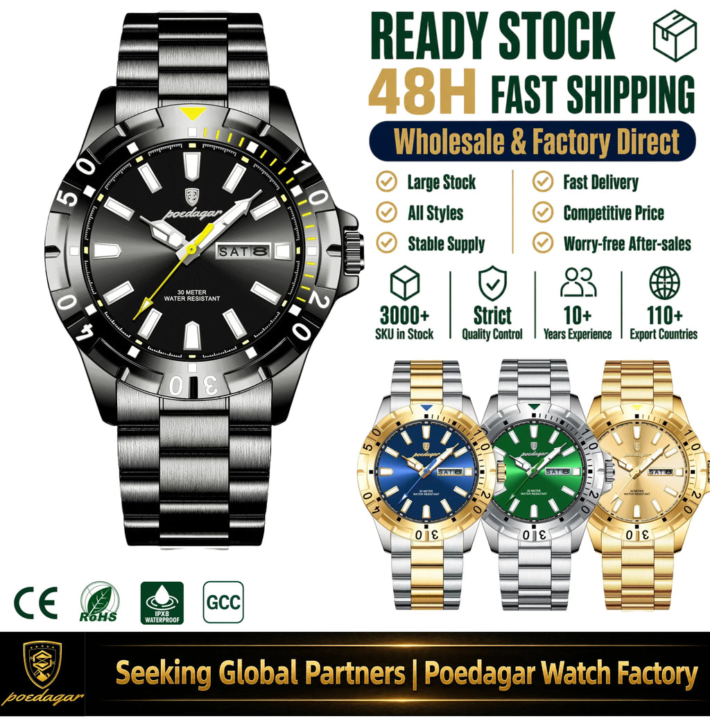 Poedagar 959 Luxury Men's Watch Retro Business Stainless Steel Reloj Quartz Wristwatch Waterproof Luminous Date Watch for Men