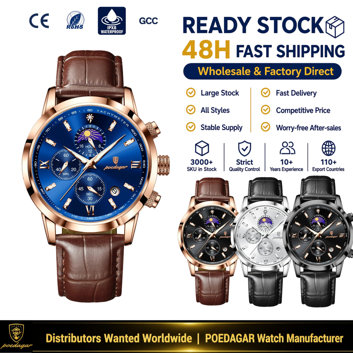 Poedagar 882 Men's Watch Business Luxury Leather Montre Waterproof Luminous Date Reloj Chronograph Quartz Wristwatch Wholesale