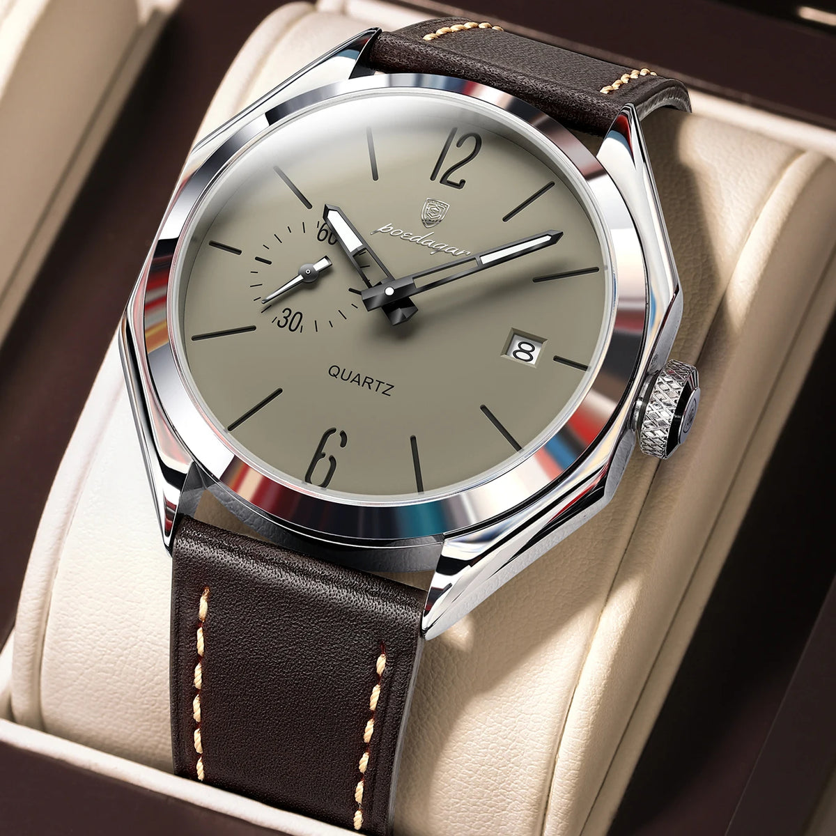 Poedagar 689 Luxury Mens Quartz Watch Geometric Dial Waterproof Leather Strap Casual Wristwatch Wholesale Relogio Masculino