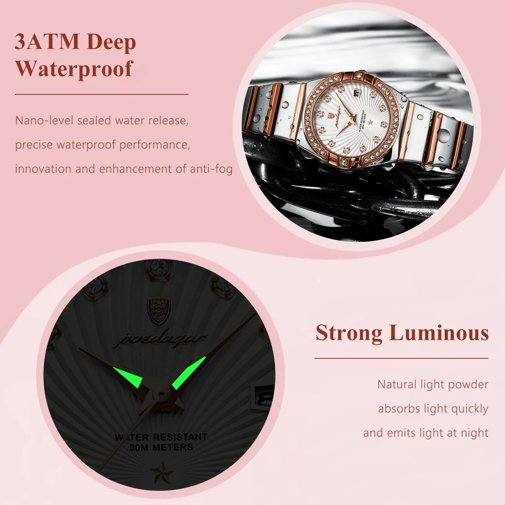 Poedagar Hot Luxury Women Rose Gold Watch Fashion Luminous Waterproof Quartz Watches Diamond Wristwatch Elegant Female Watches