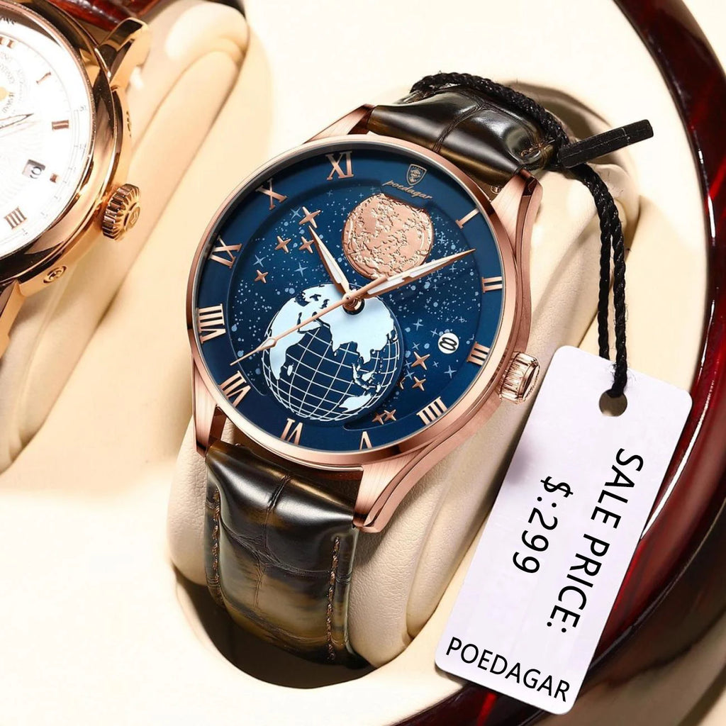 Poedagar Fashion Starry Sky Men Watch Wrist High Quality Waterproof Leather Quartz Watches Luminous Date Sport Watch for Men