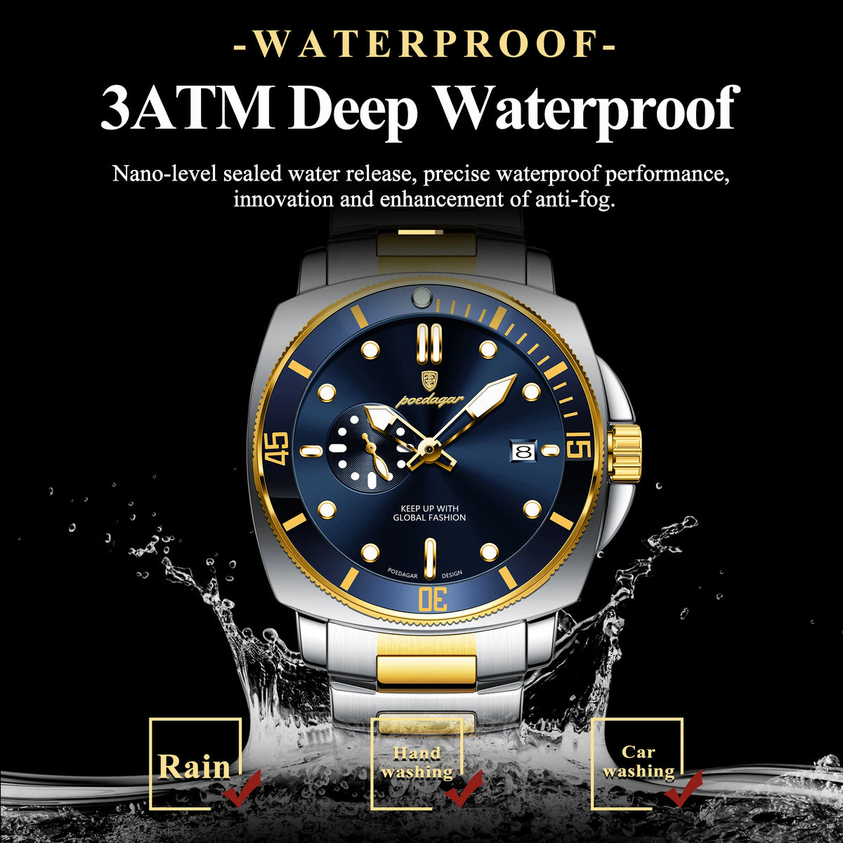 Poedagar 873 Two Tone Men Luxury Cushion Case Sport Watch Moon Phase Luminous Steel Waterproof Factory Wholesale Reloj Hombre