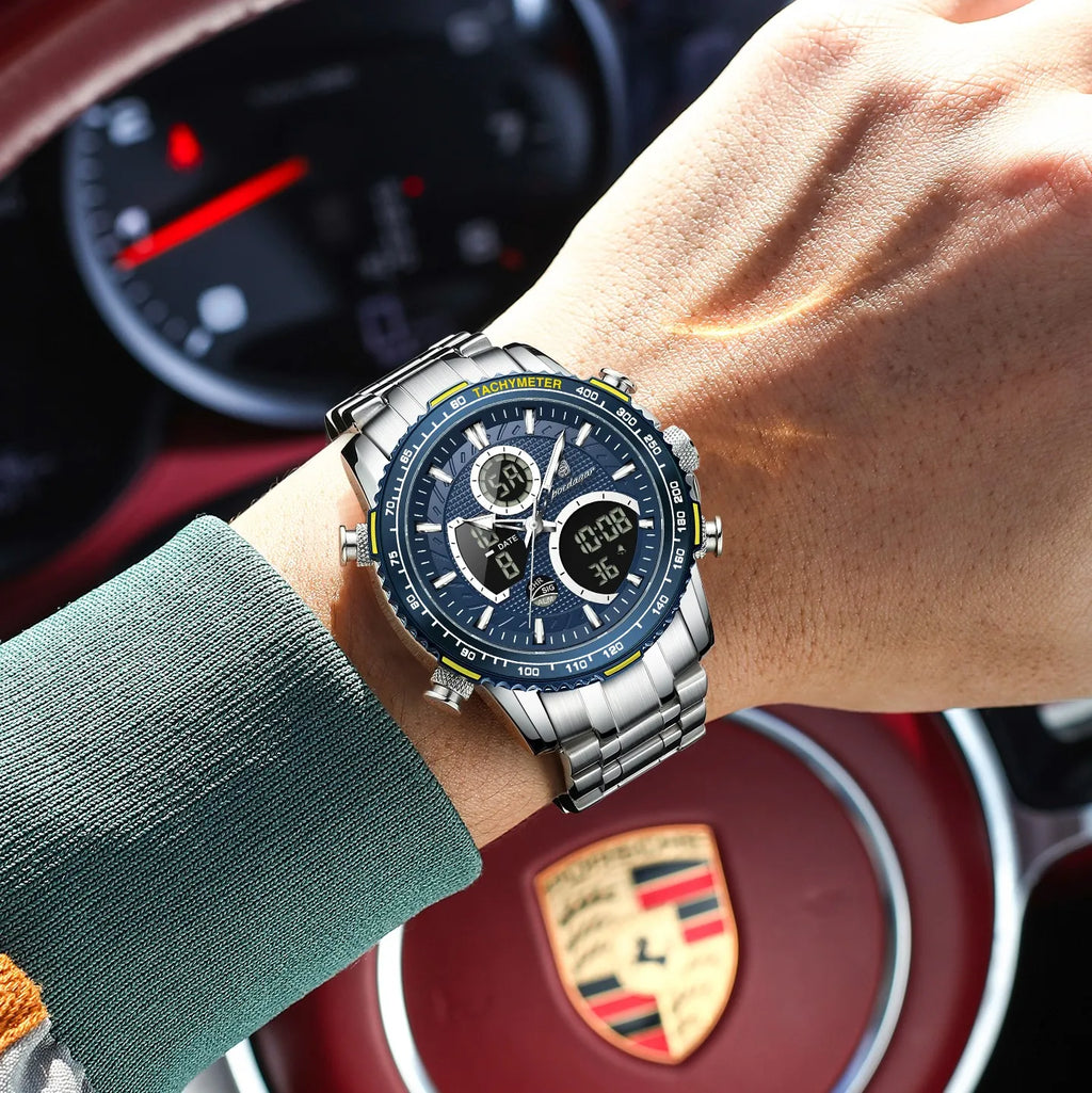 Poedagar E127 Mens Watch Dual Display Analog-Digital Watches Herrenuhr Luminous Waterproof Sport Stainless Steel Watch for Men