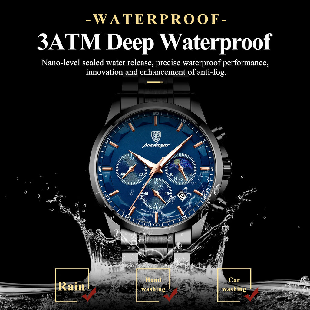 Poedagar 928 High Quality Men Watch Moon Phase Chronograph Stainless Steel Quartz Watch for Men Wholesale Price Ready to Ship