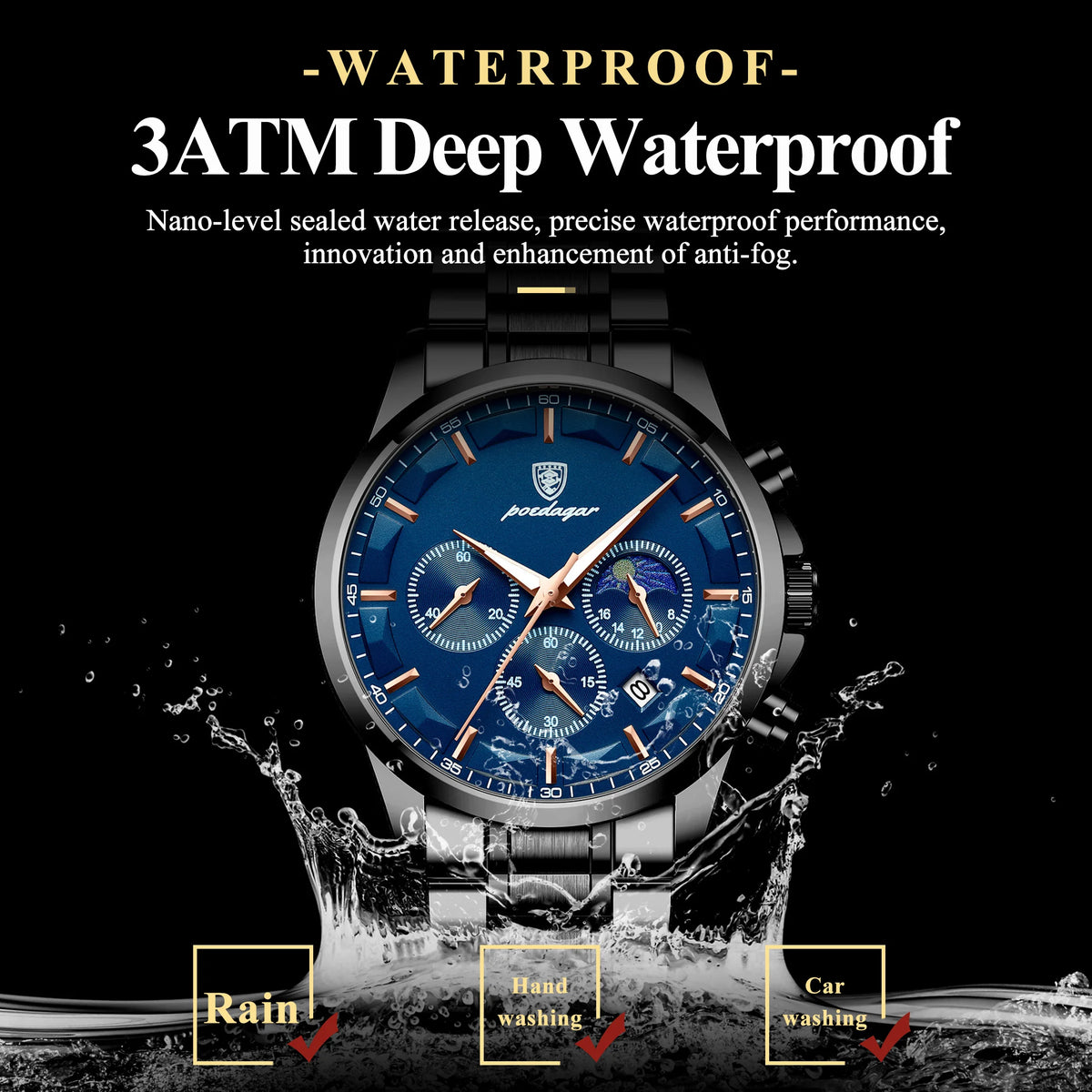Poedagar 928 High Quality Men Watch Moon Phase Chronograph Stainless Steel Quartz Watch for Men Wholesale Price Ready to Ship