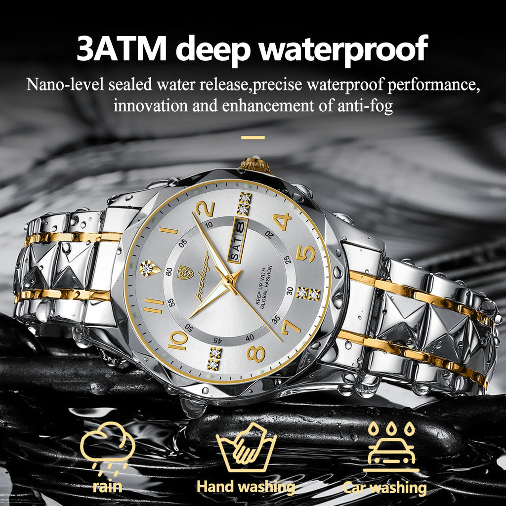 Poedagar 858 Watch for Men Luxury Waterproof Luminous Quartz Watches Date Week Moissanite Reloj Stainless Steel Men Watch