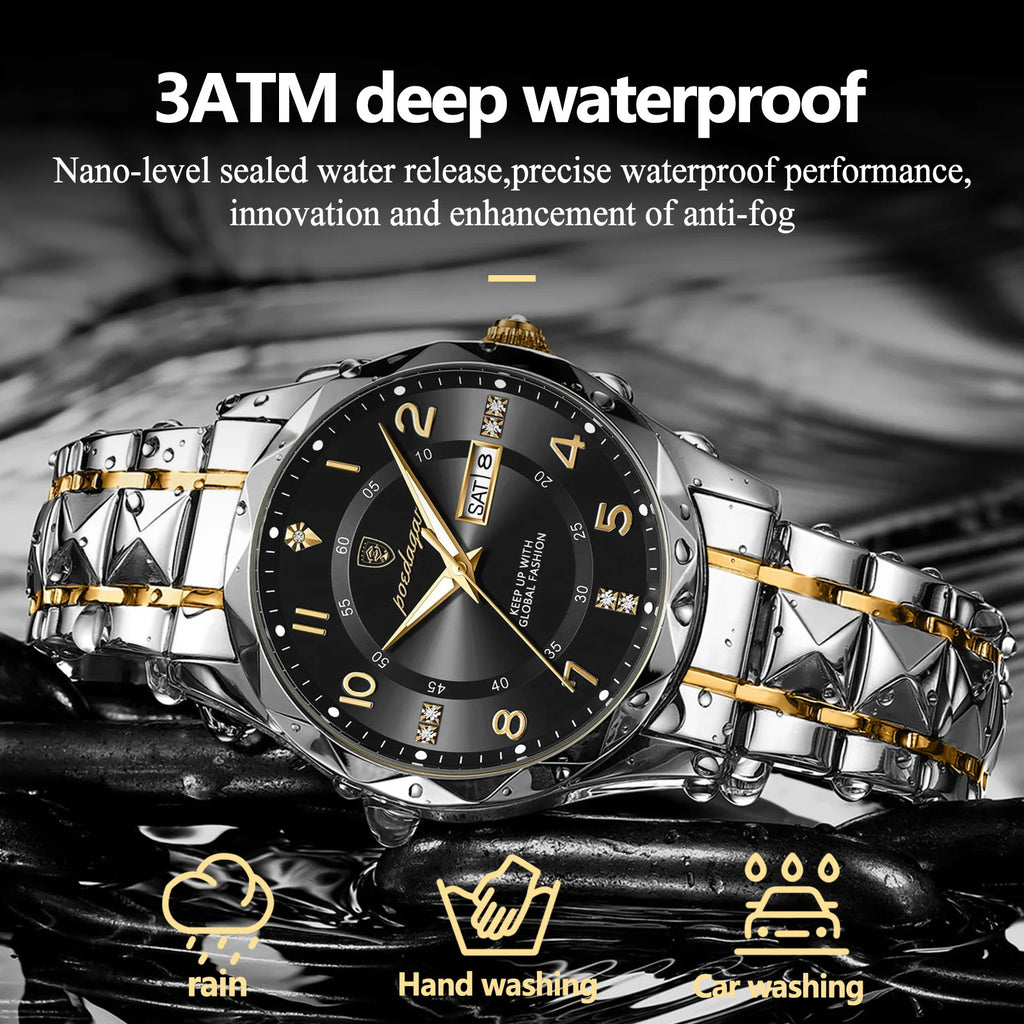 Poedagar 858 Luxury Mens Watch Waterproof Luminous Montre Date Week Moissanite Quartz Watches Stainless Steel Watches for Men